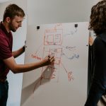 A man is standing in front of a white board and writing