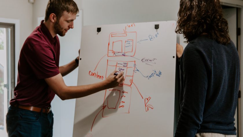 A man is standing in front of a white board and writing